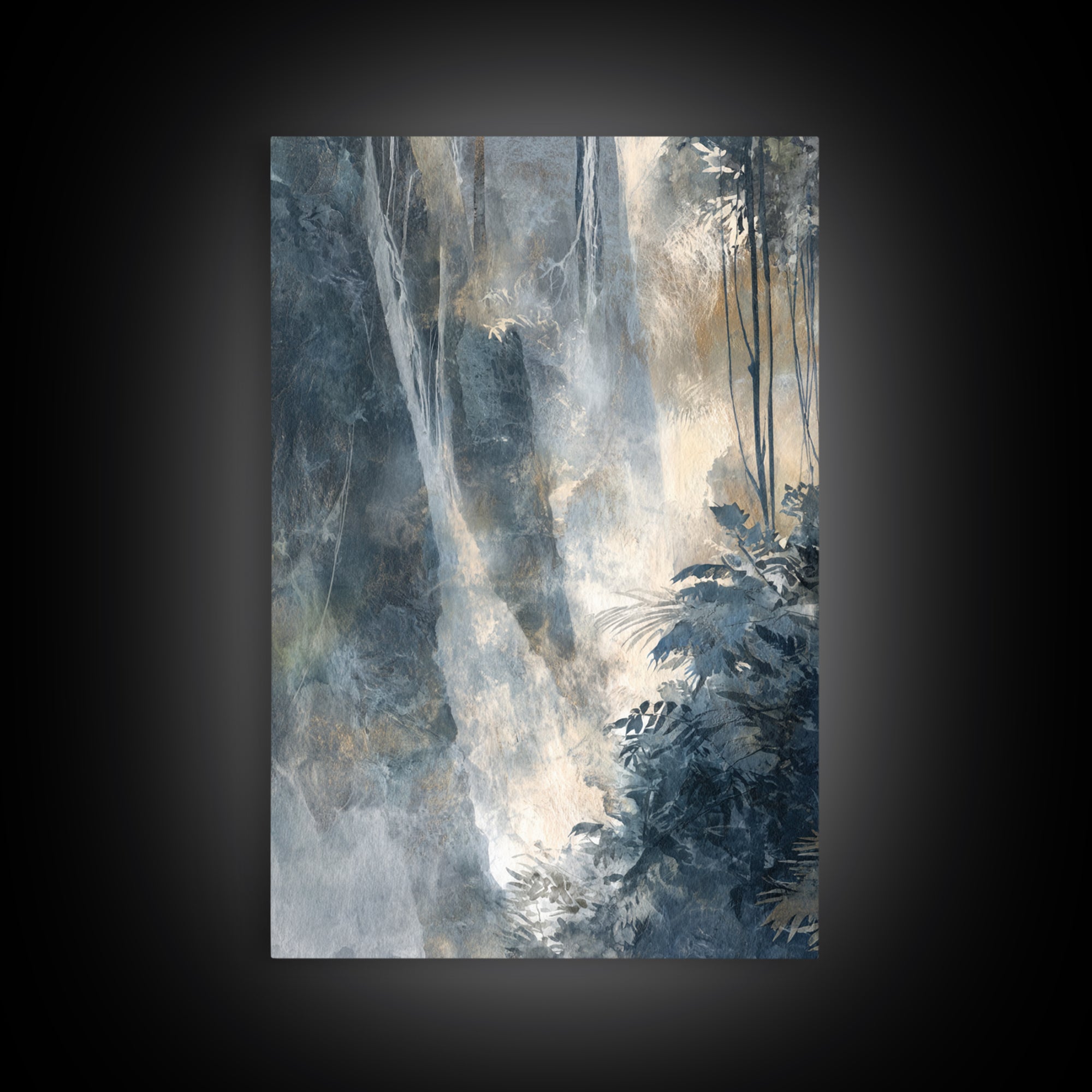 Jungle Waterfall with Misty Light Framed Canvas Print, Tropical Art, Abstract Painting, Living Room Decor, Fine Art, Tropic, TRO-2x3-93