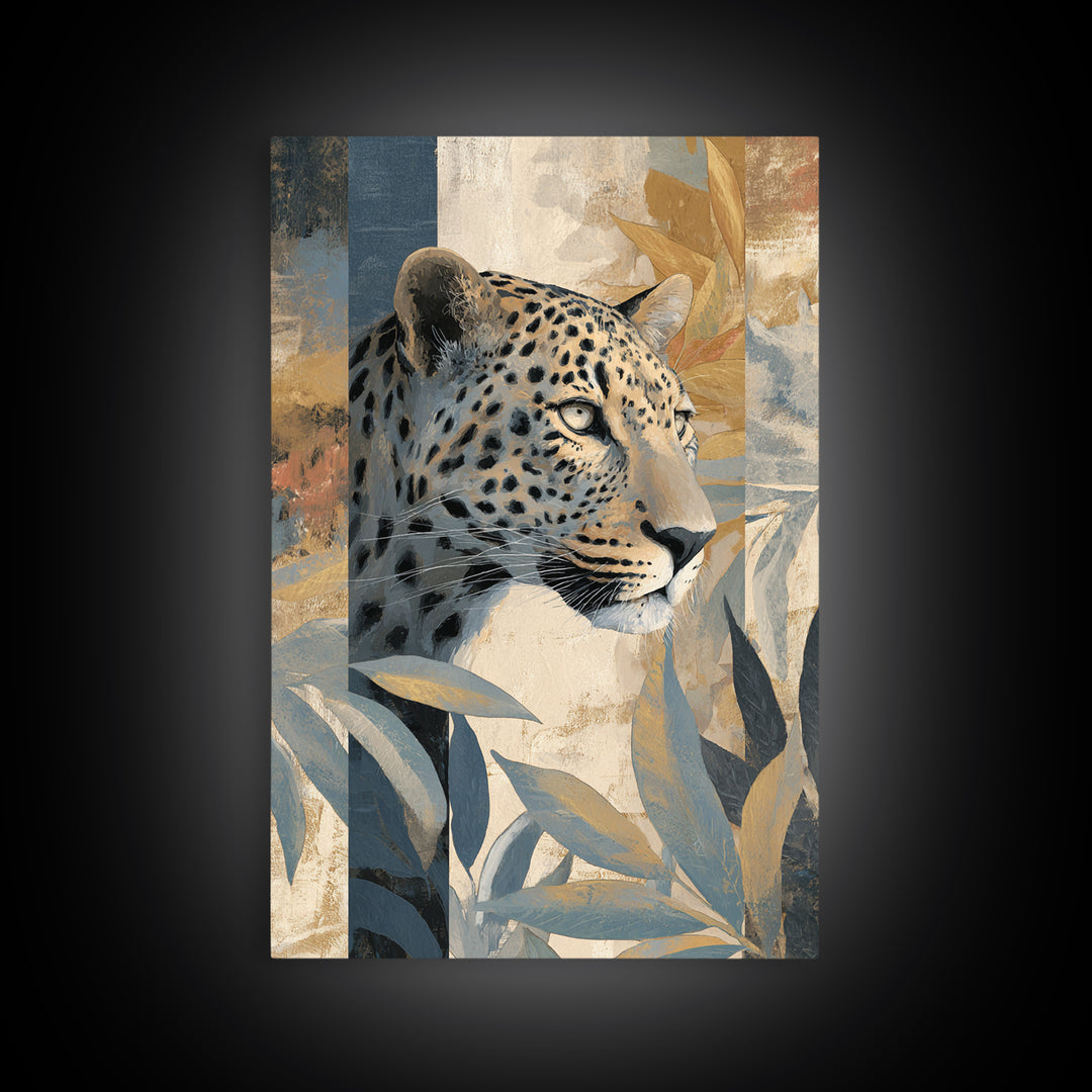 Leopard Hidden Among Palm Leaves Framed Canvas Print, Tropical Art, Oversized Wall Art, Living Room Decor, Fine Art, Tropic, TRO-2x3-94