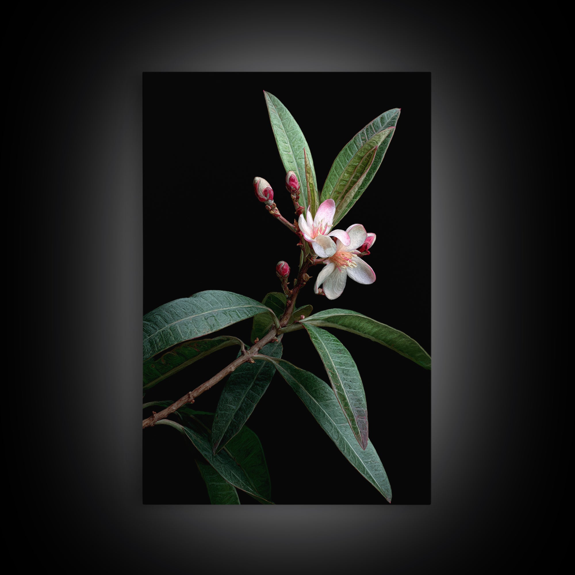 Mango Branch with Leaves and Flowers Framed Canvas Print, Tropical Art, Living Room Decor, Watercolor Art, Tropic, TRO-2x3-98