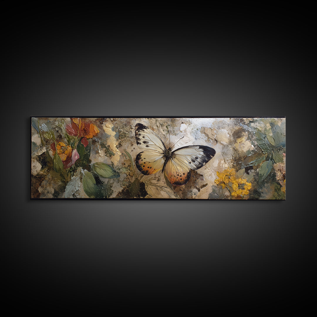Tropical Butterfly and Flower Study Framed Canvas Print, Tropical Art, Gallery Decor, Living Room Decor, Fine Art, Tropic, TRO-3x1-15