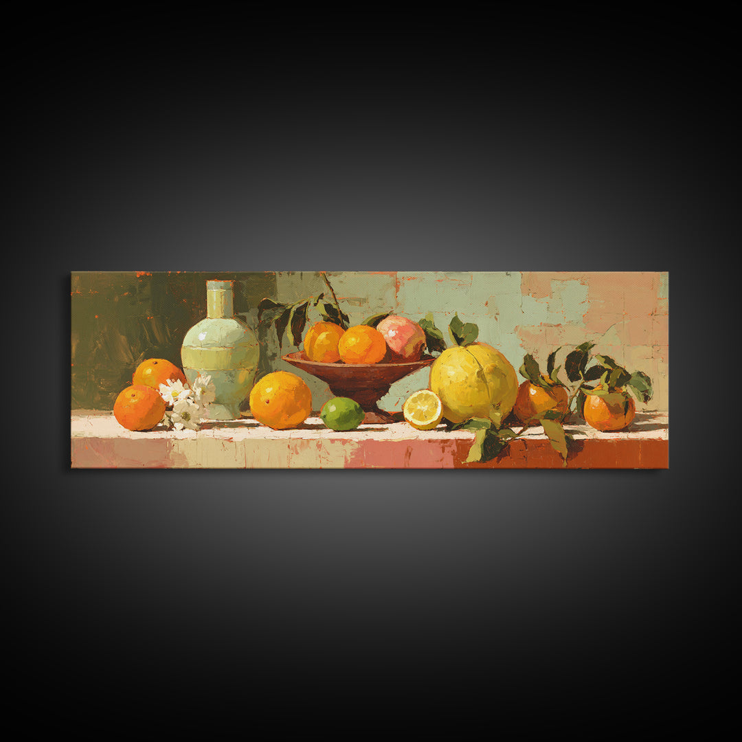 Bright Papaya and Lime Still Life Canvas Print, Tropical Art, Coastal Decor, Living Room Decor, Fine Art, Tropic, Modern Decor, TRO-3x1-16