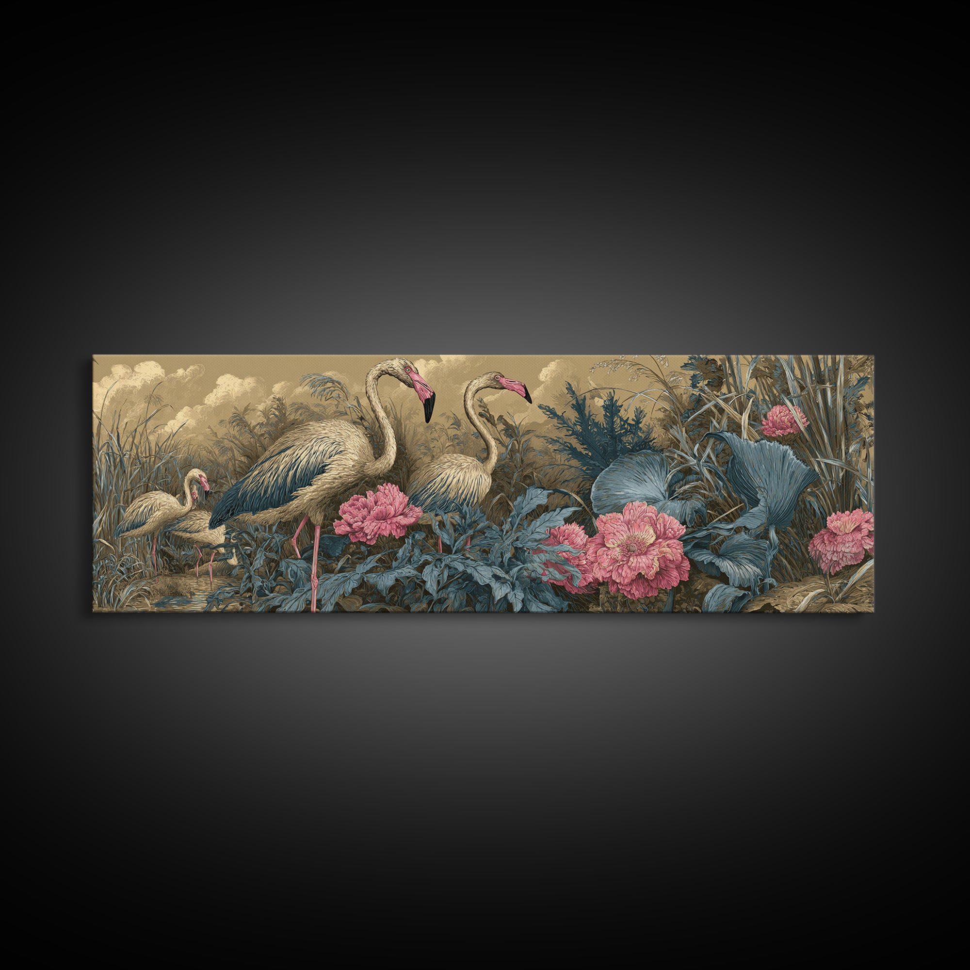 Pink Flamingos Among Tropical Water Plants Framed Canvas Print, Tropical Art, Oversized Wall Art, Living Room Decor, Tropic, TRO-3x1-18