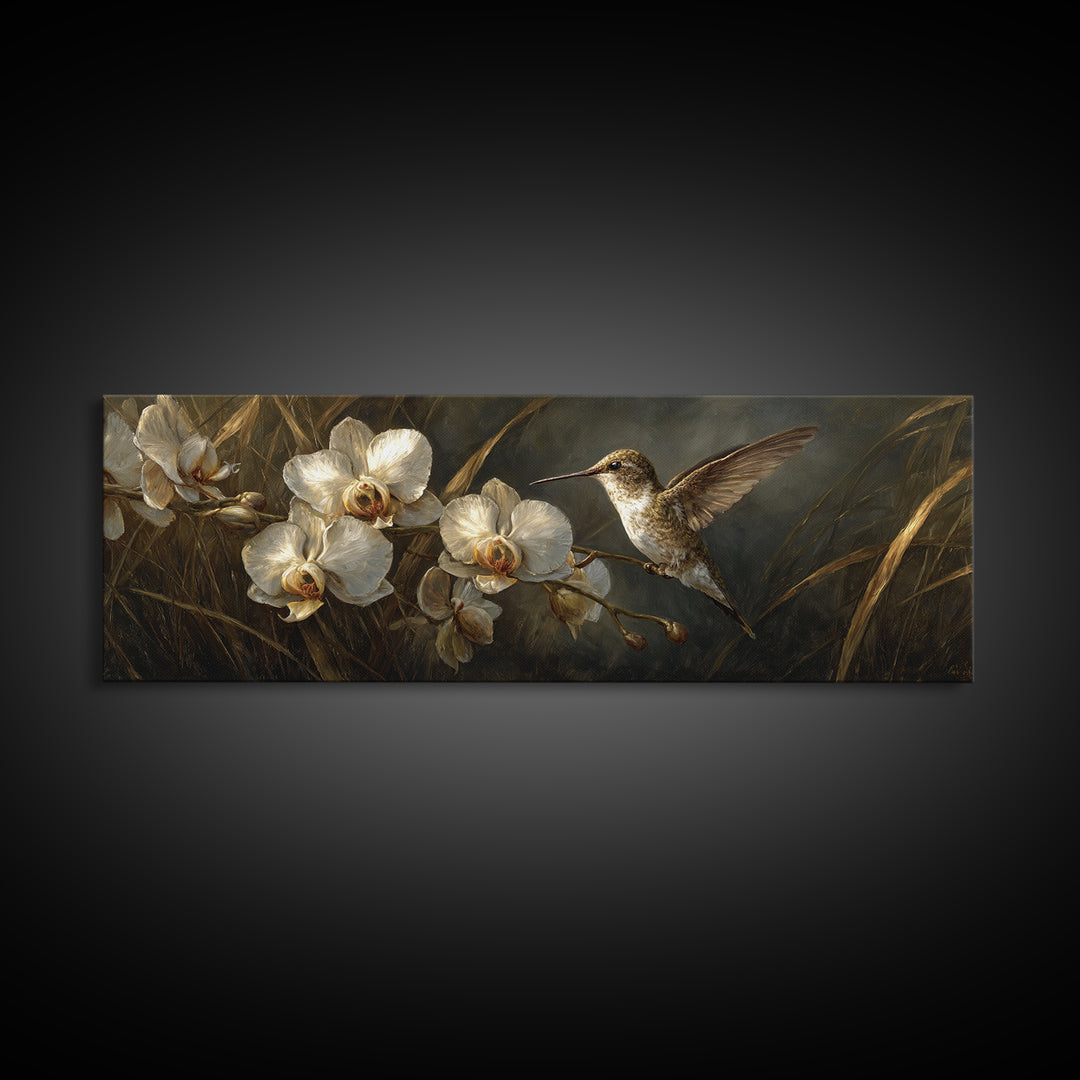 Orchid and Hummingbird Composition Framed Canvas Print, Tropical Art, Wall Art Prints, Living Room Decor, Fine Art, Tropic, TRO-3x1-2