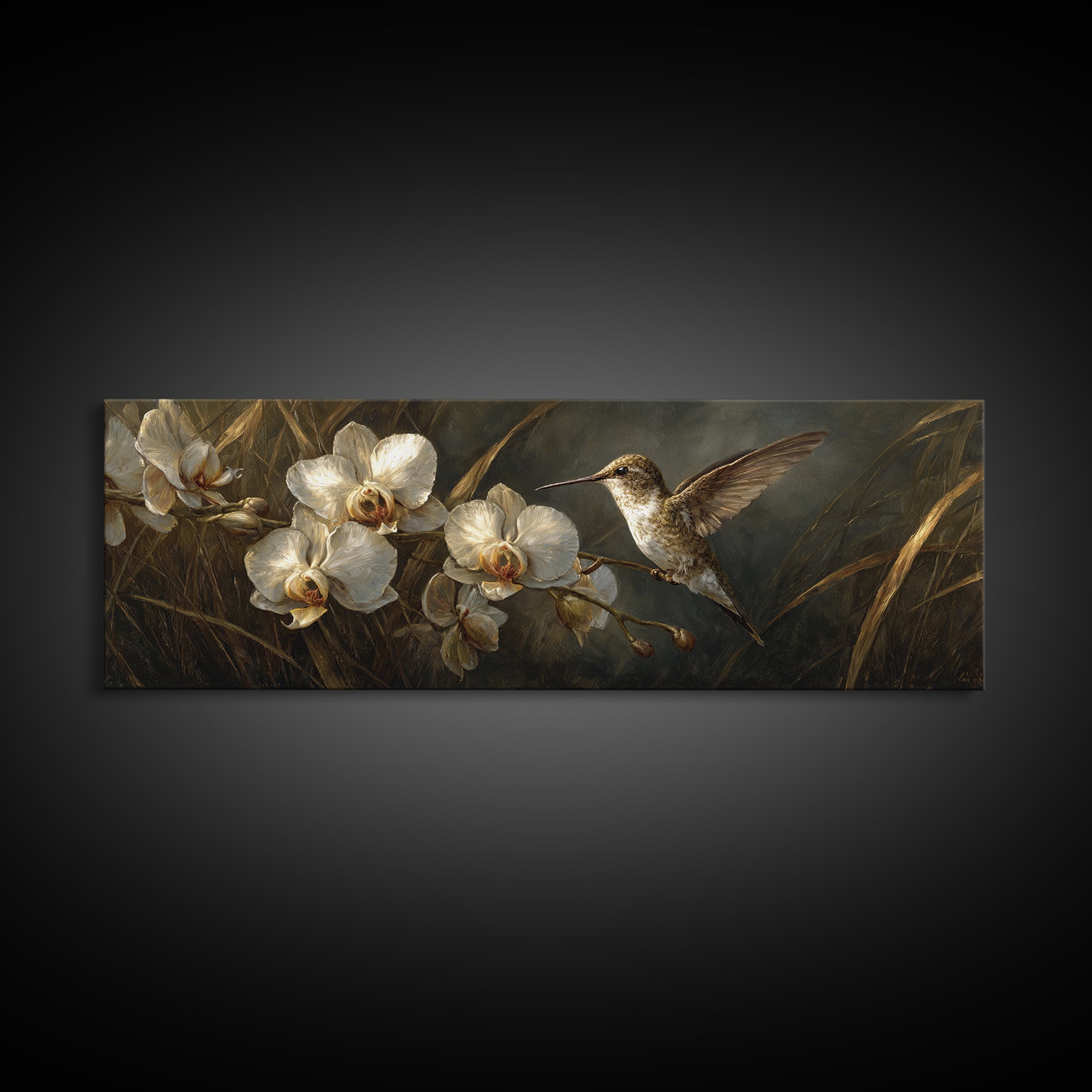 Orchid and Hummingbird Composition Framed Canvas Print, Tropical Art, Wall Art Prints, Living Room Decor, Fine Art, Tropic, TRO-3x1-2