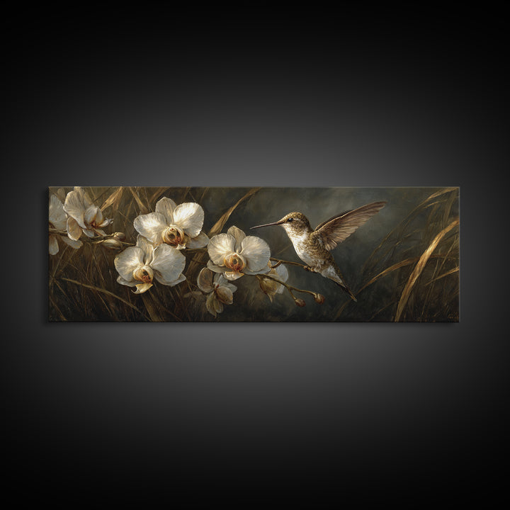 Orchid and Hummingbird Composition Framed Canvas Print, Tropical Art, Wall Art Prints, Living Room Decor, Fine Art, Tropic, TRO-3x1-2