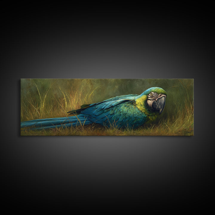 Parrot Portrait with Emerald Feathers Canvas Print, Tropical Art, Whimsical Art, Living Room Decor, Fine Art, Tropic, TRO-3x1-24
