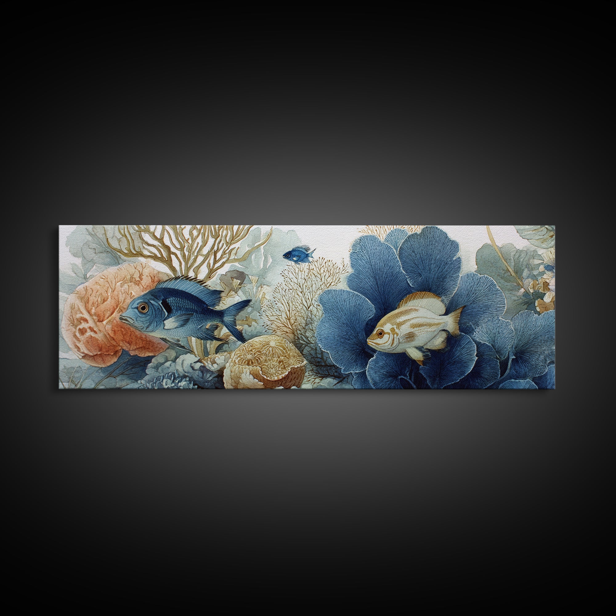 Tropical Fish over Coral Reef Framed Canvas Print, Tropical Art, Textured Painting, Living Room Decor, Fine Art, Tropic, TRO-3x1-27