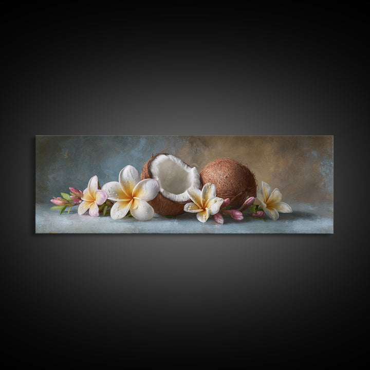 Coconut and Plumeria Still Life Framed Canvas Print, Tropical Art, Botanical Art, Living Room Decor, Oil Painting, Tropic, TRO-3x1-28