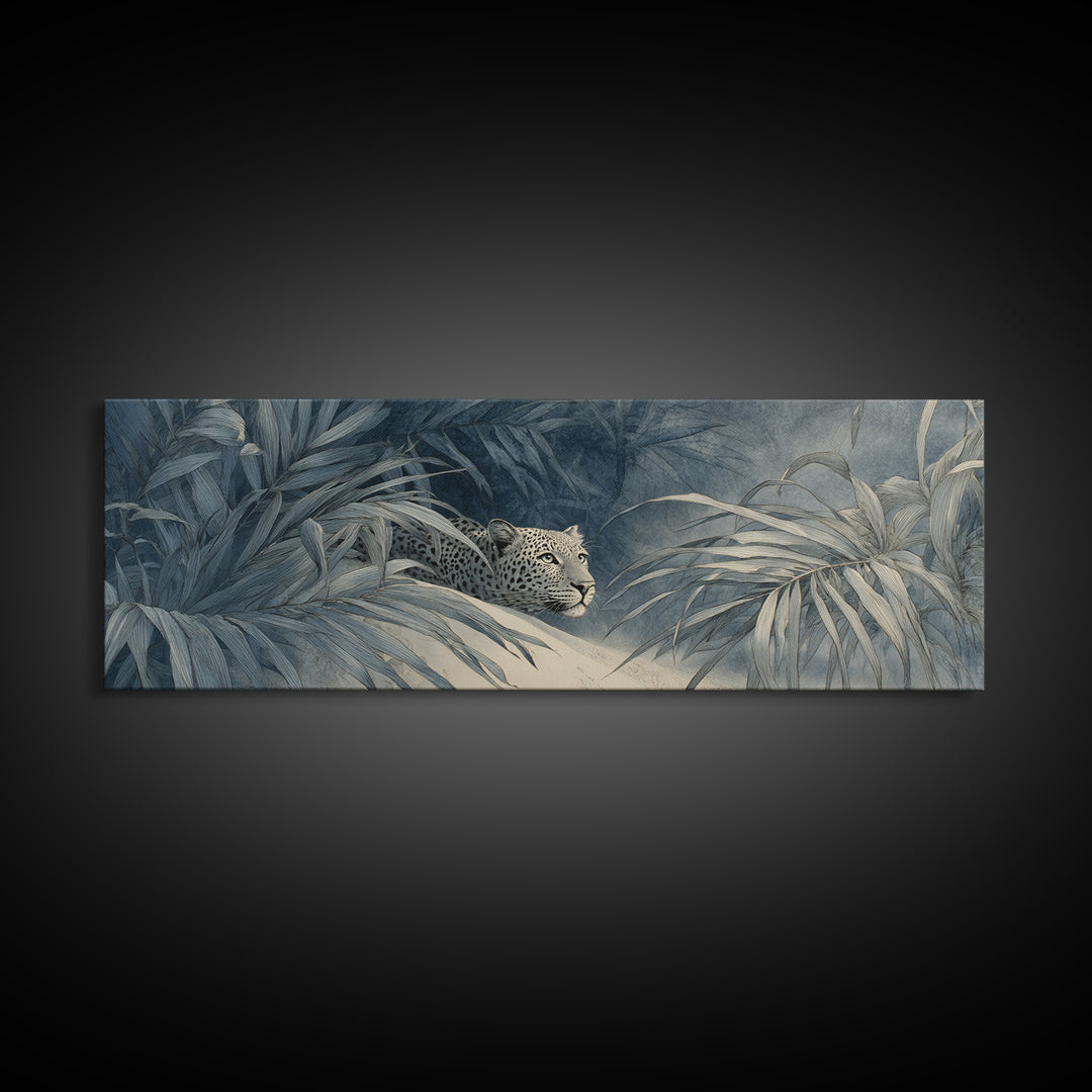 Leopard Hidden Among Palm Leaves Canvas Print, Tropical Art, Print, Living Room Decor, Fine Art, Tropic, Coastal Wall Art, TRO-3x1-30
