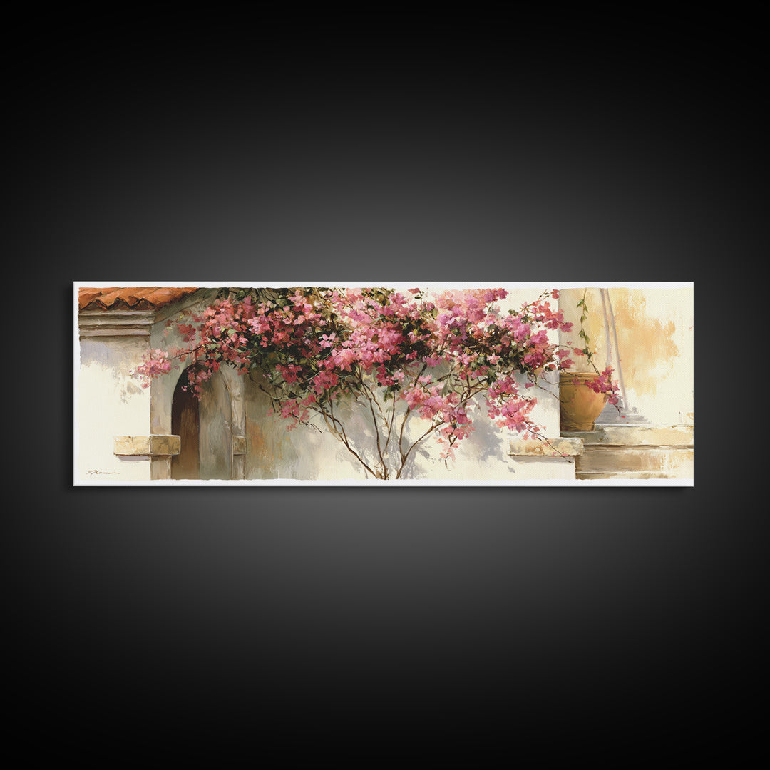 Pink Bougainvillea over White Wall Framed Canvas Print, Tropical Art, Beach Prints, Living Room Decor, Watercolor Art, Tropic, TRO-3x1-32