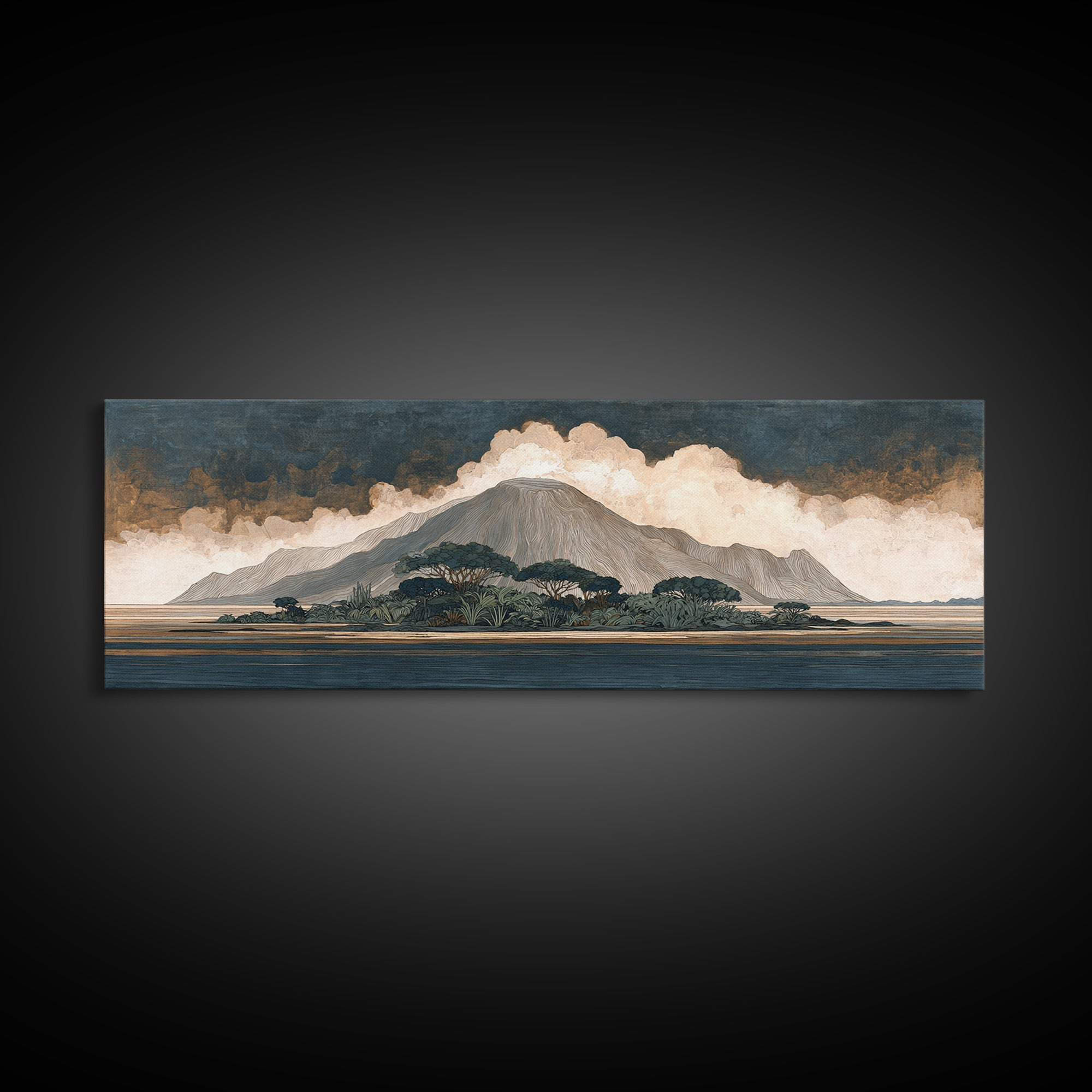 Island Volcano with Lush Foreground Canvas Print, Tropical Art, Beach Wall Art, Living Room Decor, Tropic, Statement Artwork, TRO-3x1-33