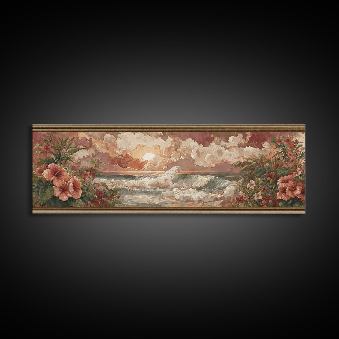 Sunset Surf Scene Canvas Print, Tropical Art, Pink Wall Art, Living Room Decor, Fine Art, Tropic, Coastal Art, Beach Print, TRO-3x1-38