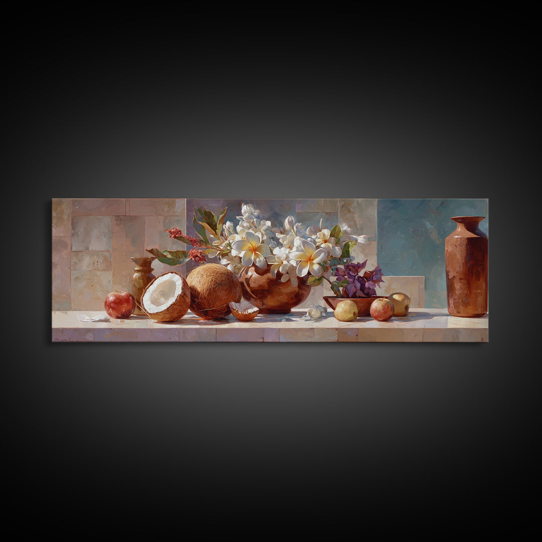 Coconut and Plumeria Still Life Canvas Print, Tropical Art, Downloadable Prints, Living Room Decor, Watercolor Art, Tropic, TRO-3x1-4