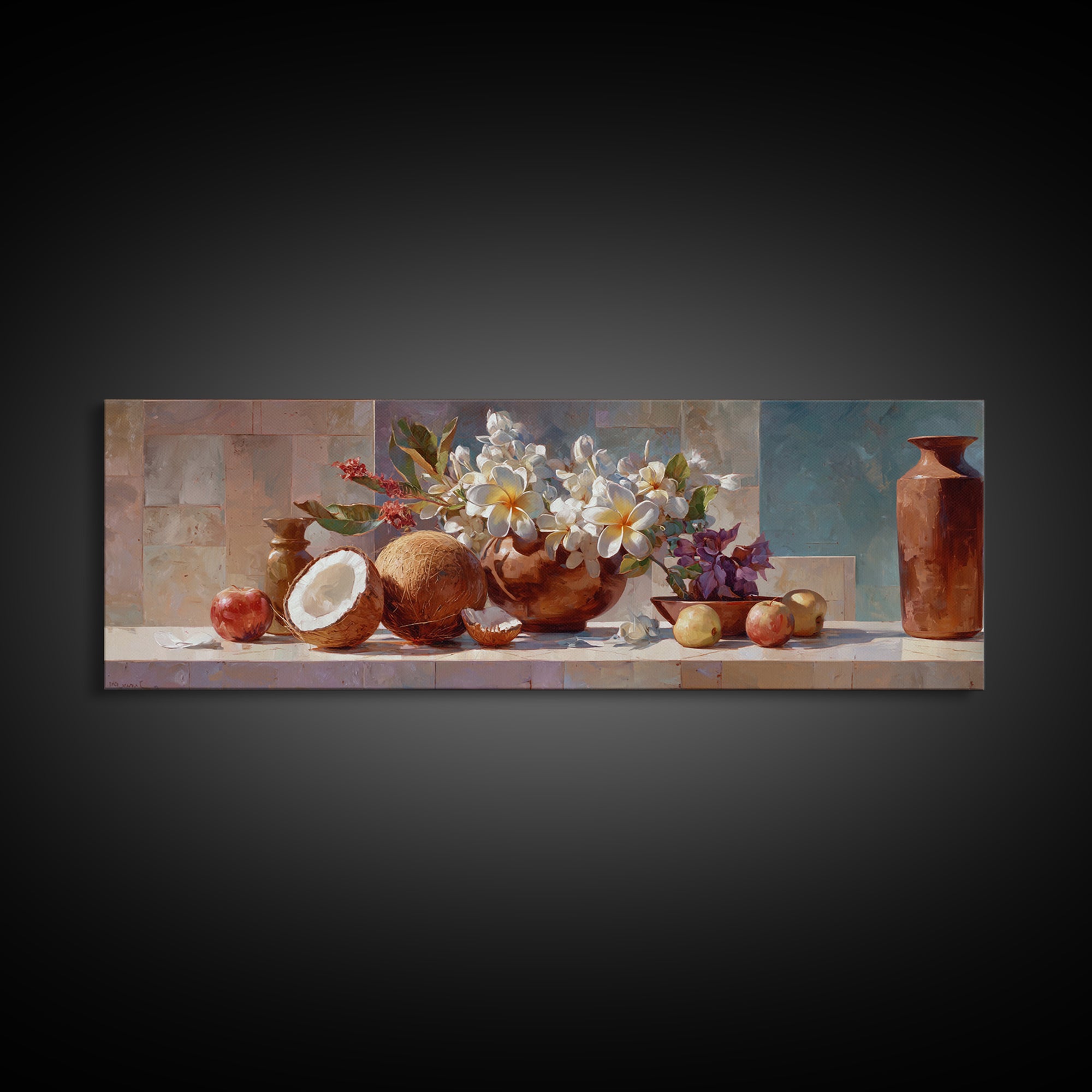 Coconut and Plumeria Still Life Canvas Print, Tropical Art, Downloadable Prints, Living Room Decor, Watercolor Art, Tropic, TRO-3x1-4