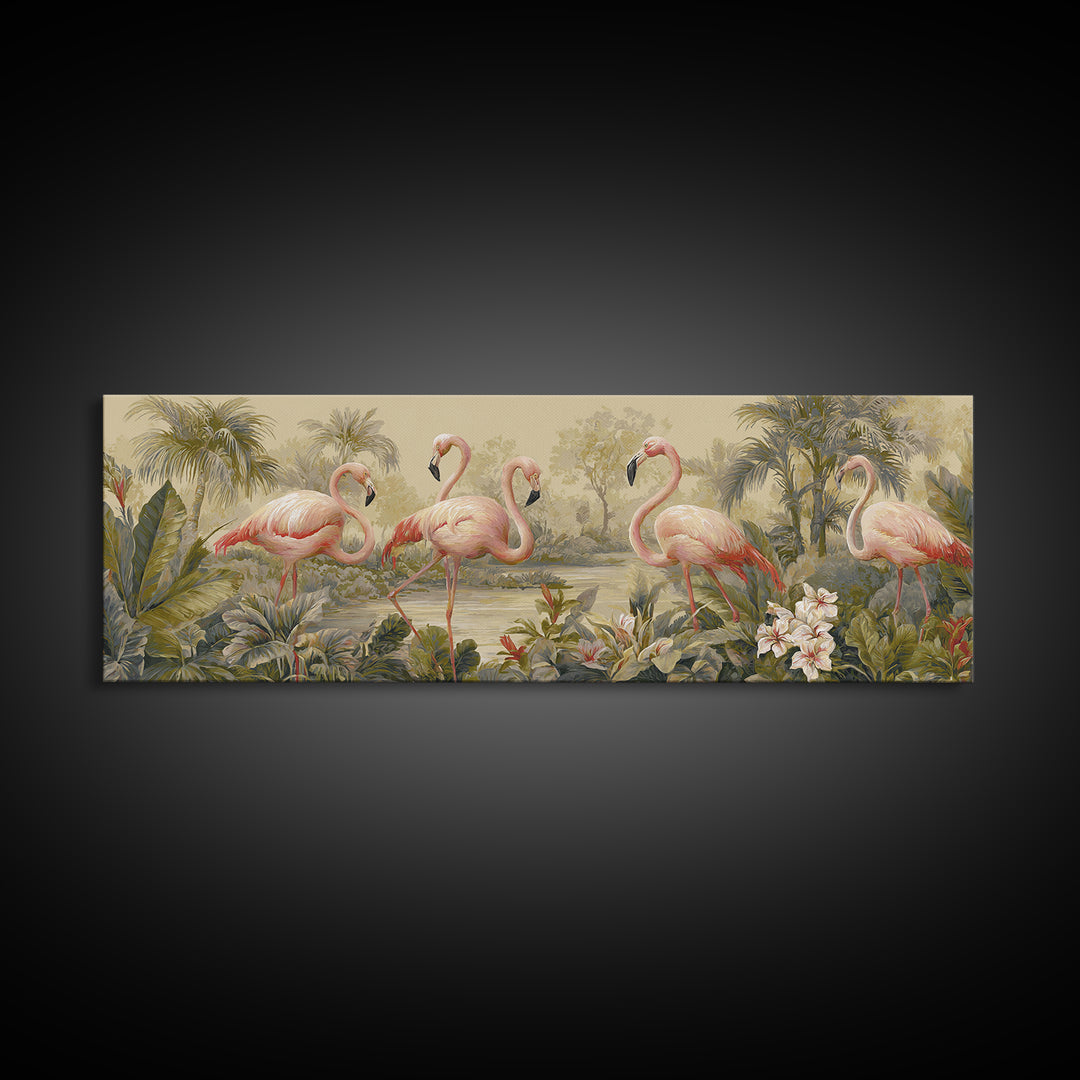 Pink Flamingos Among Tropical Water Plants Canvas Print, Tropical Art, Watercolor Art, Living Room Decor, Fine Art, Tropic, TRO-3x1-42