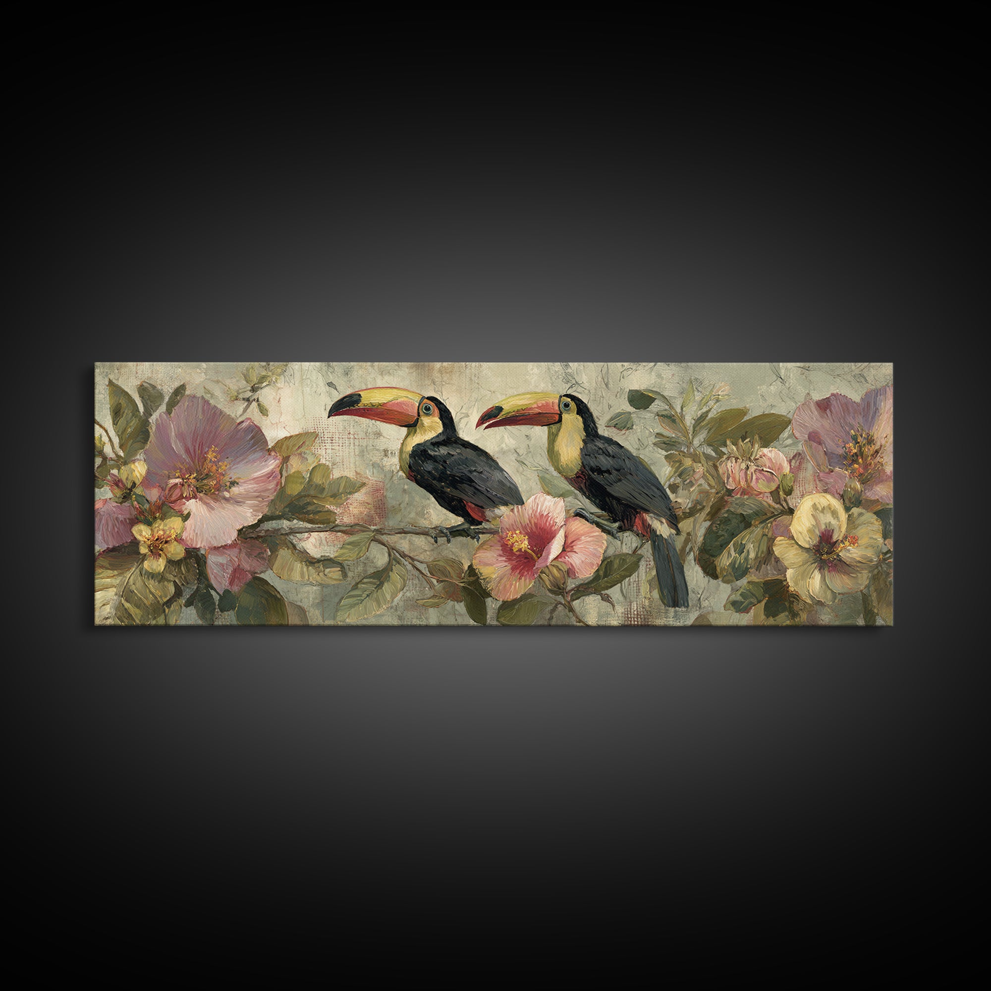 Toucans Surrounded by Bright Jungle Flowers Canvas Print, Tropical Art, Art Print, Living Room Decor, Fine Art, Tropic, TRO-3x1-43