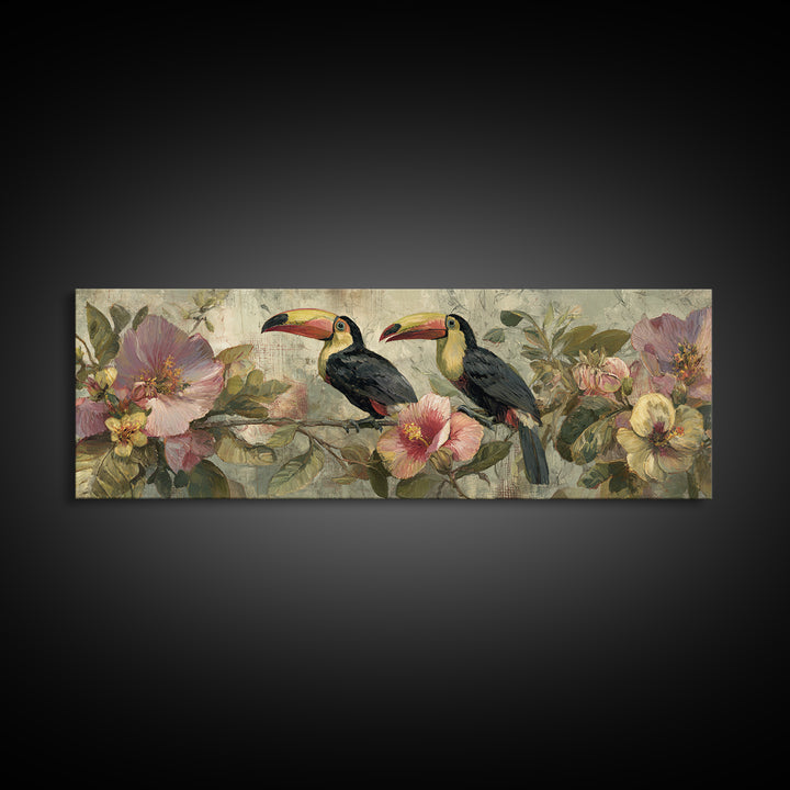 Toucans Surrounded by Bright Jungle Flowers Canvas Print, Tropical Art, Art Print, Living Room Decor, Fine Art, Tropic, TRO-3x1-43