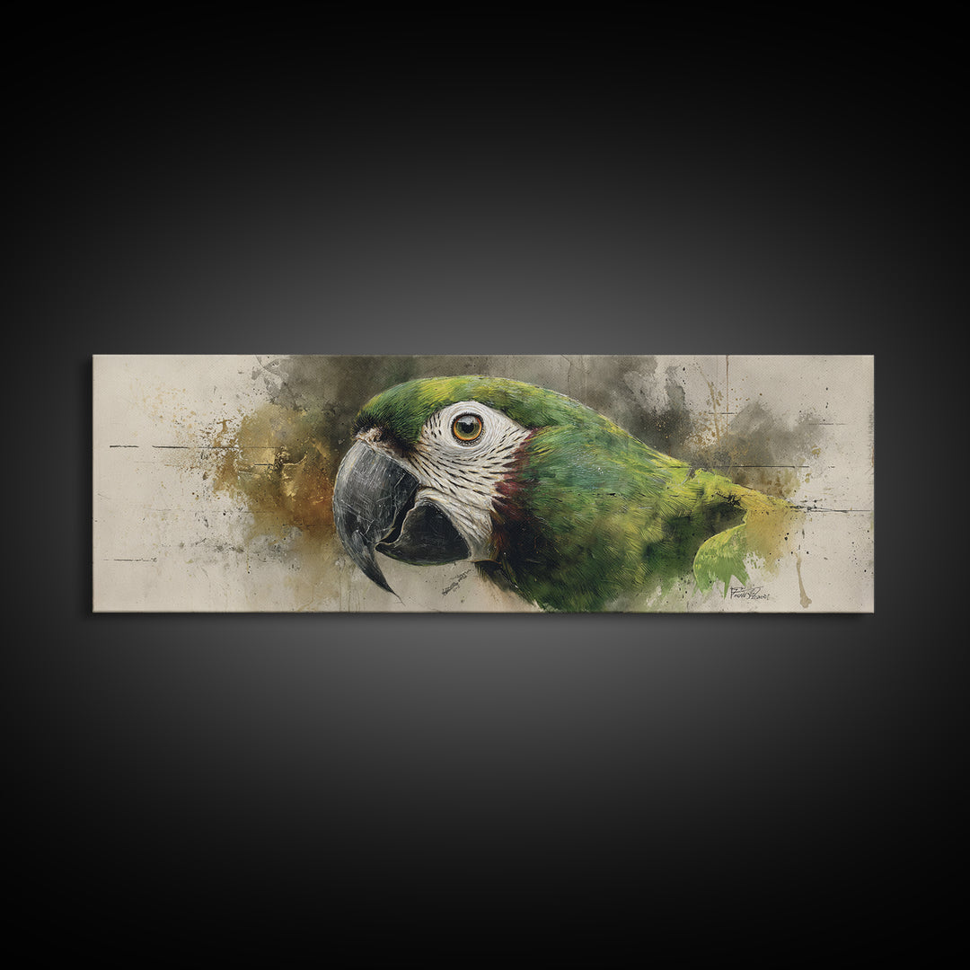 Parrot Portrait with Emerald Feathers Canvas Print, Tropical Art, Textured Painting, Living Room Decor, Fine Art, Tropic, TRO-3x1-48