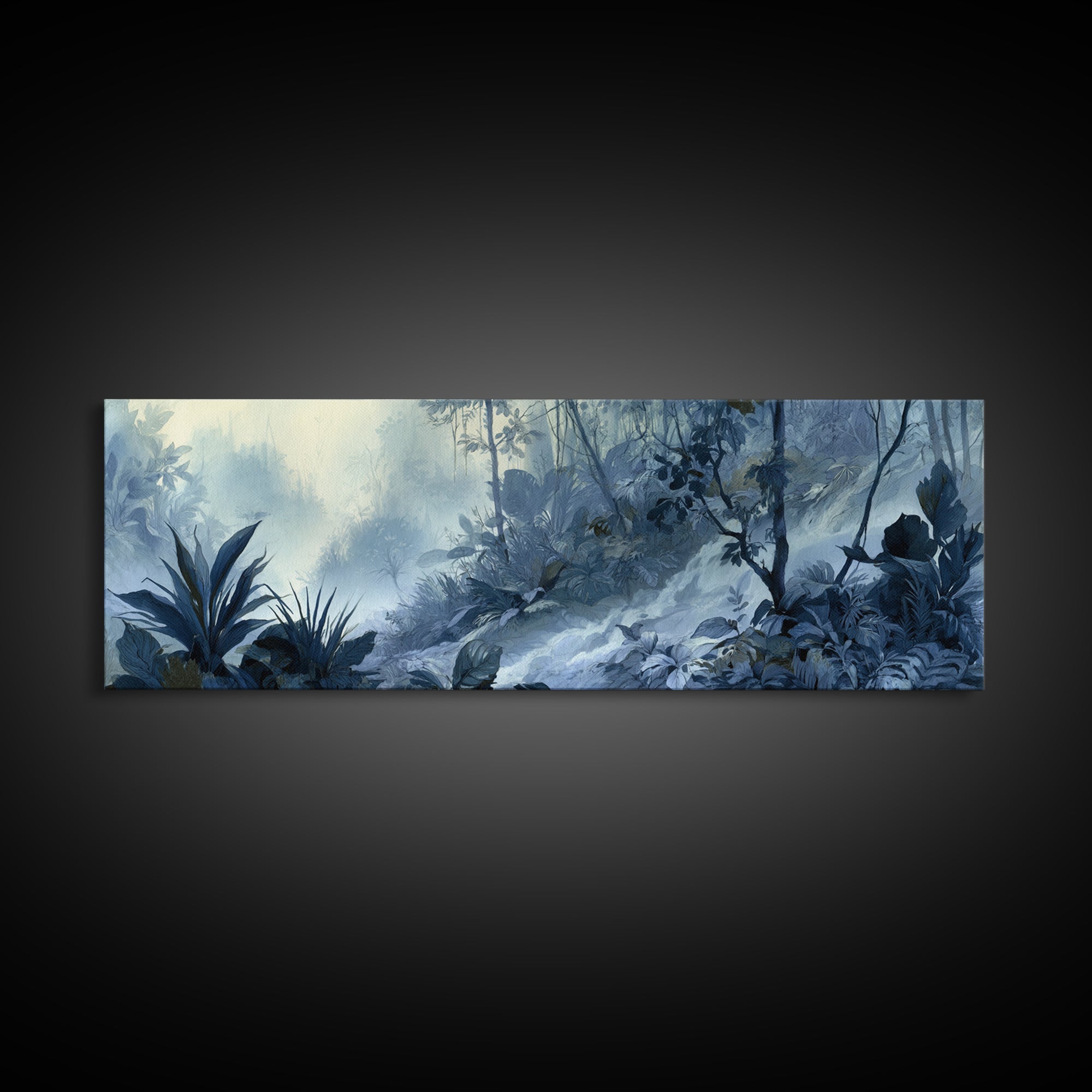 Jungle Waterfall with Misty Light Framed Canvas Print, Tropical Art, Bird Art, Living Room Decor, Watercolor Art, Tropic, TRO-3x1-5