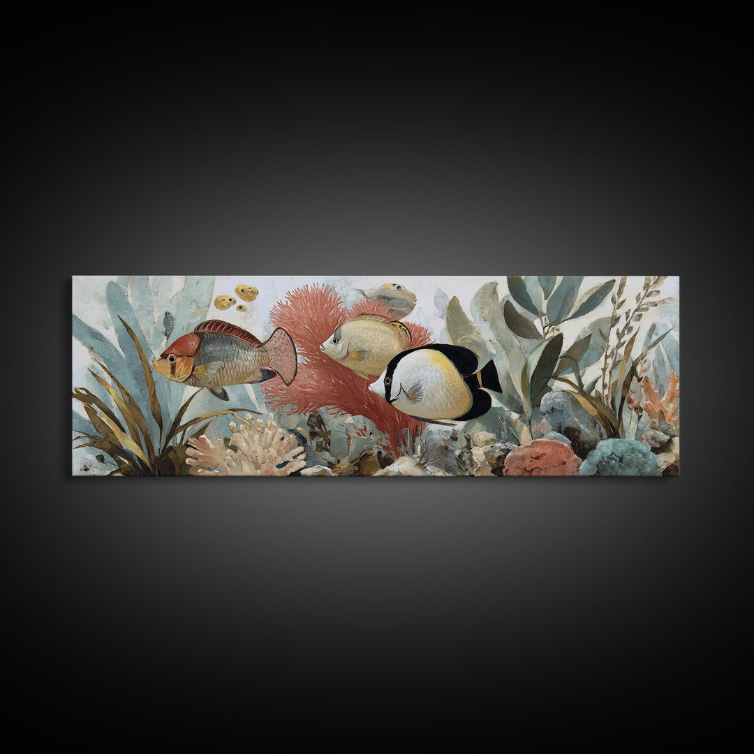 Tropical Fish over Coral Reef Framed Canvas Print, Tropical Art, Printable, Living Room Decor, Fine Art, Tropic, Coastal Decor, TRO-3x1-51