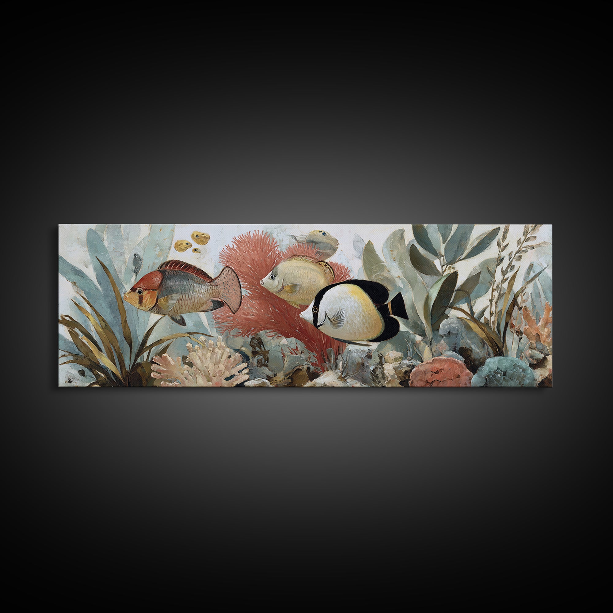 Tropical Fish over Coral Reef Framed Canvas Print, Tropical Art, Printable, Living Room Decor, Fine Art, Tropic, Coastal Decor, TRO-3x1-51