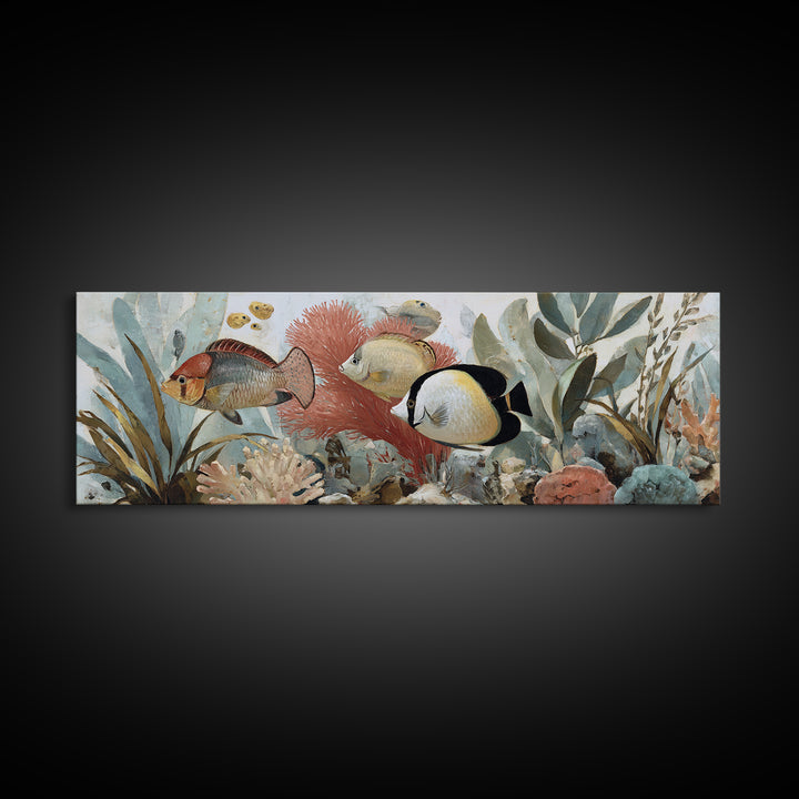 Tropical Fish over Coral Reef Framed Canvas Print, Tropical Art, Printable, Living Room Decor, Fine Art, Tropic, Coastal Decor, TRO-3x1-51