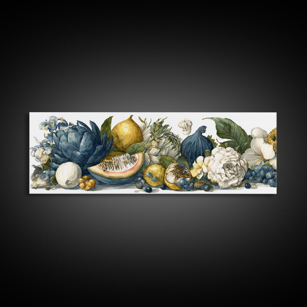 Tropical Fruit Market Arrangement Framed Canvas Print, Tropical Art, Decor, Living Room Decor, Fine Art, Tropic, Bird Art, TRO-3x1-55