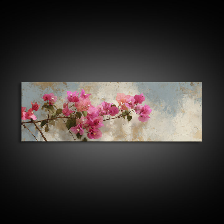 Pink Bougainvillea over White Wall Framed Canvas Print, Tropical Art, Minimalist Decor, Living Room Decor, Fine Art, Tropic, TRO-3x1-56