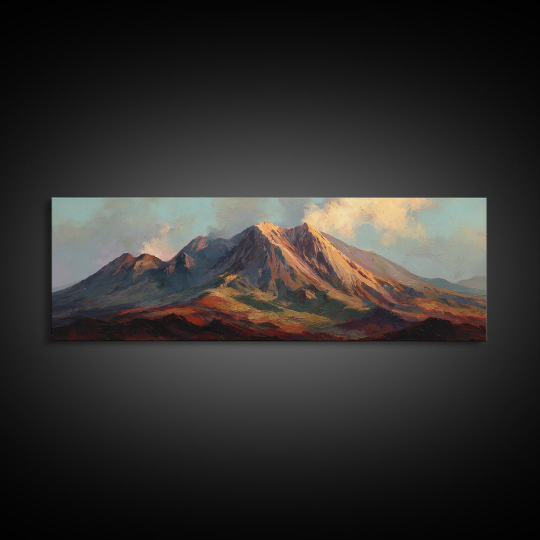 Island Volcano with Lush Foreground Framed Canvas Print, Tropical Art, Whimsical Art, Living Room Decor, Fine Art, Tropic, TRO-3x1-57