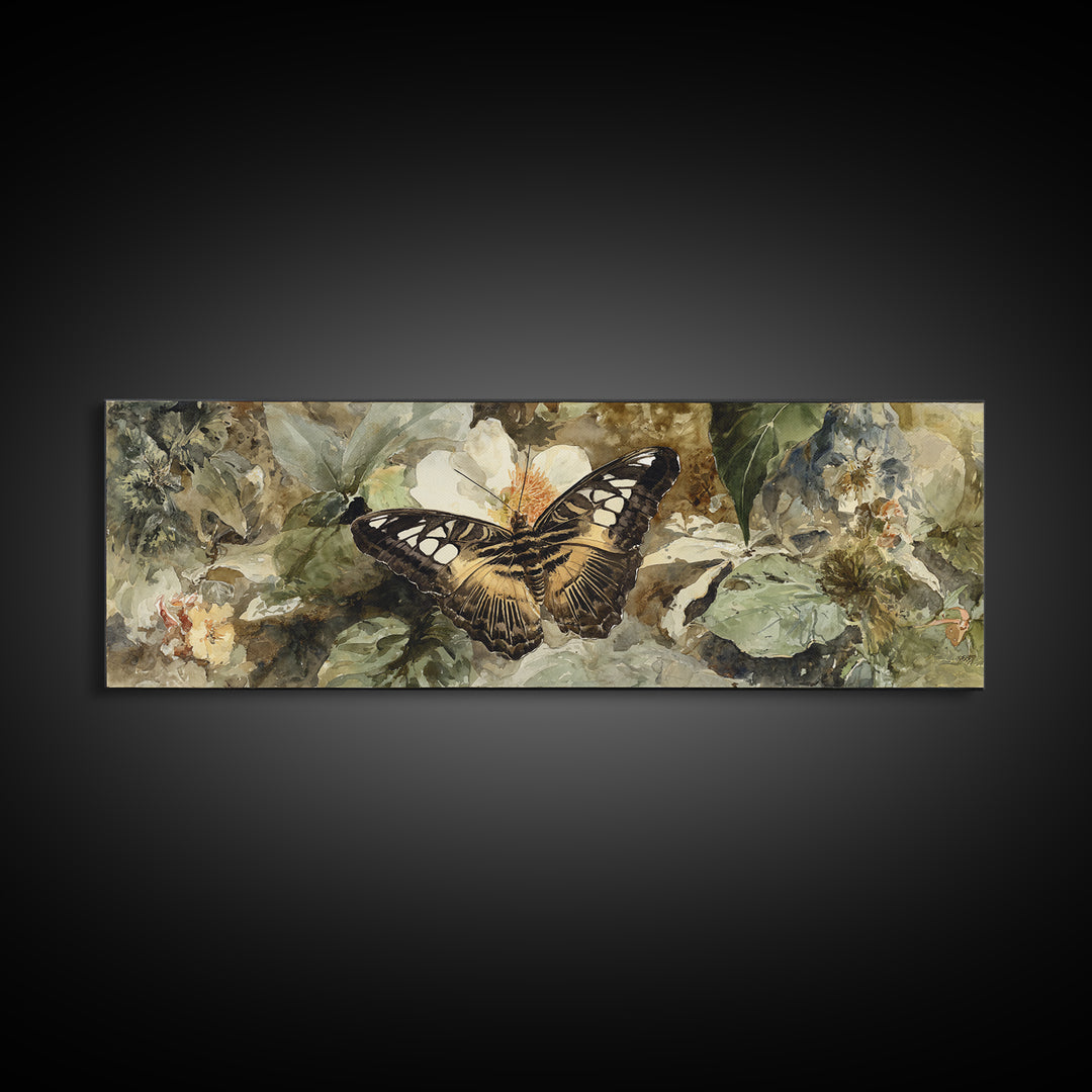 Tropical Butterfly and Flower Study Framed Canvas Print, Tropical Art, Living Room Decor, Watercolor Art, Tropic, TRO-3x1-63