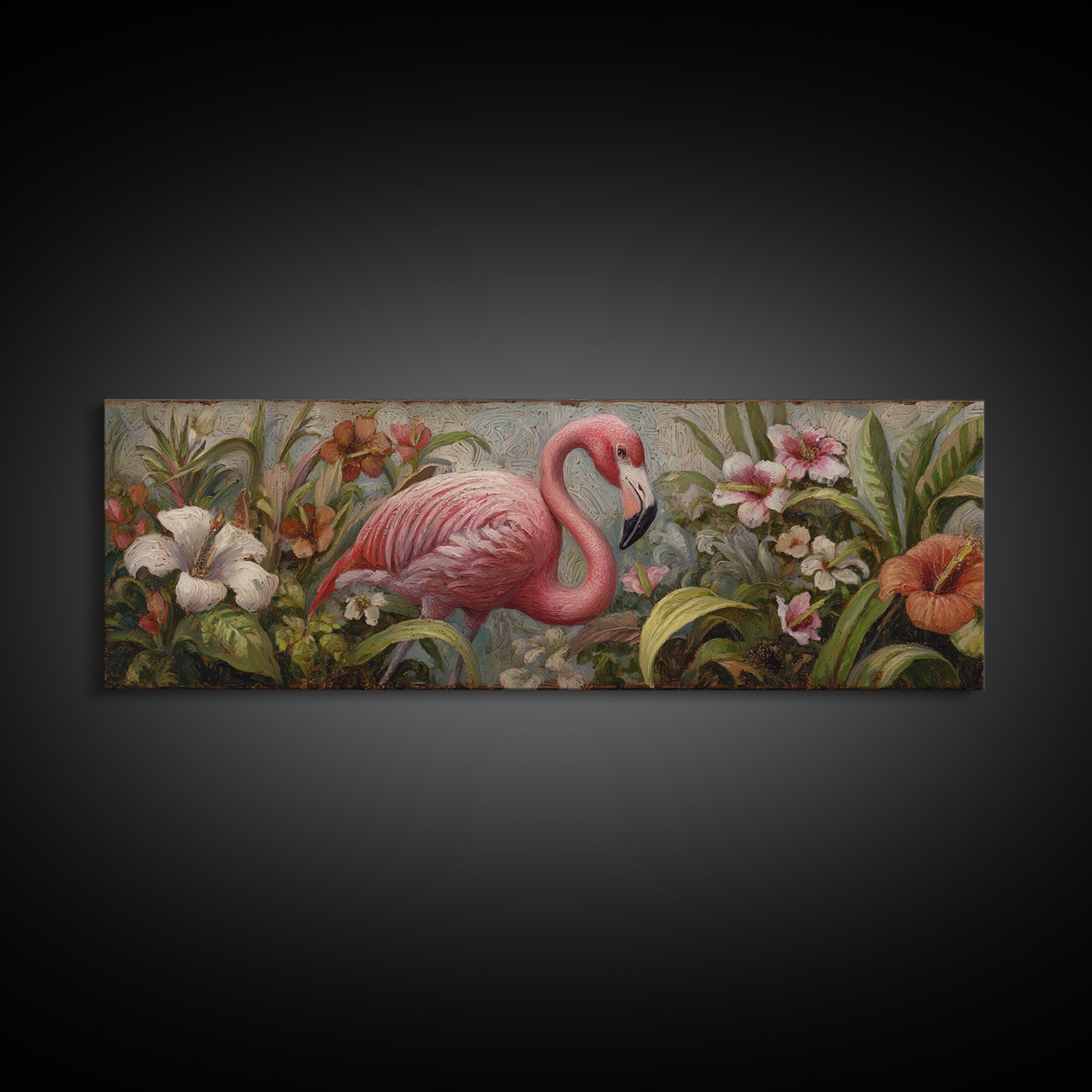 Pink Flamingos Among Tropical Water Plants Canvas Print, Tropical Art, Watercolor Art, Living Room Decor, Fine Art, Tropic, TRO-3x1-66