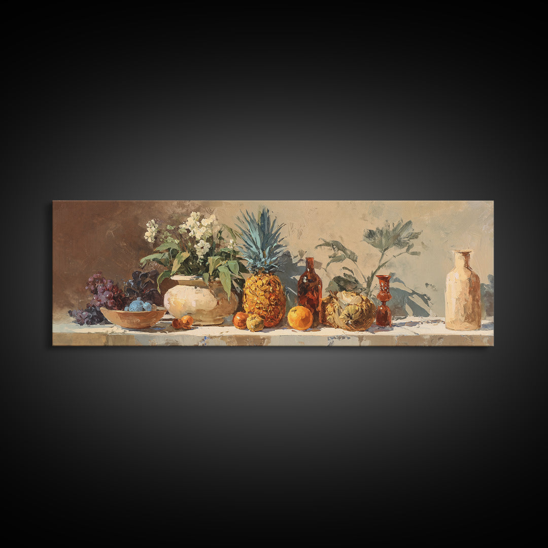 Pineapple and Palm Still Life Canvas Print, Tropical Art, Wall Art, Living Room Decor, Oil Painting, Tropic, Pink Wall Art, TRO-3x1-70
