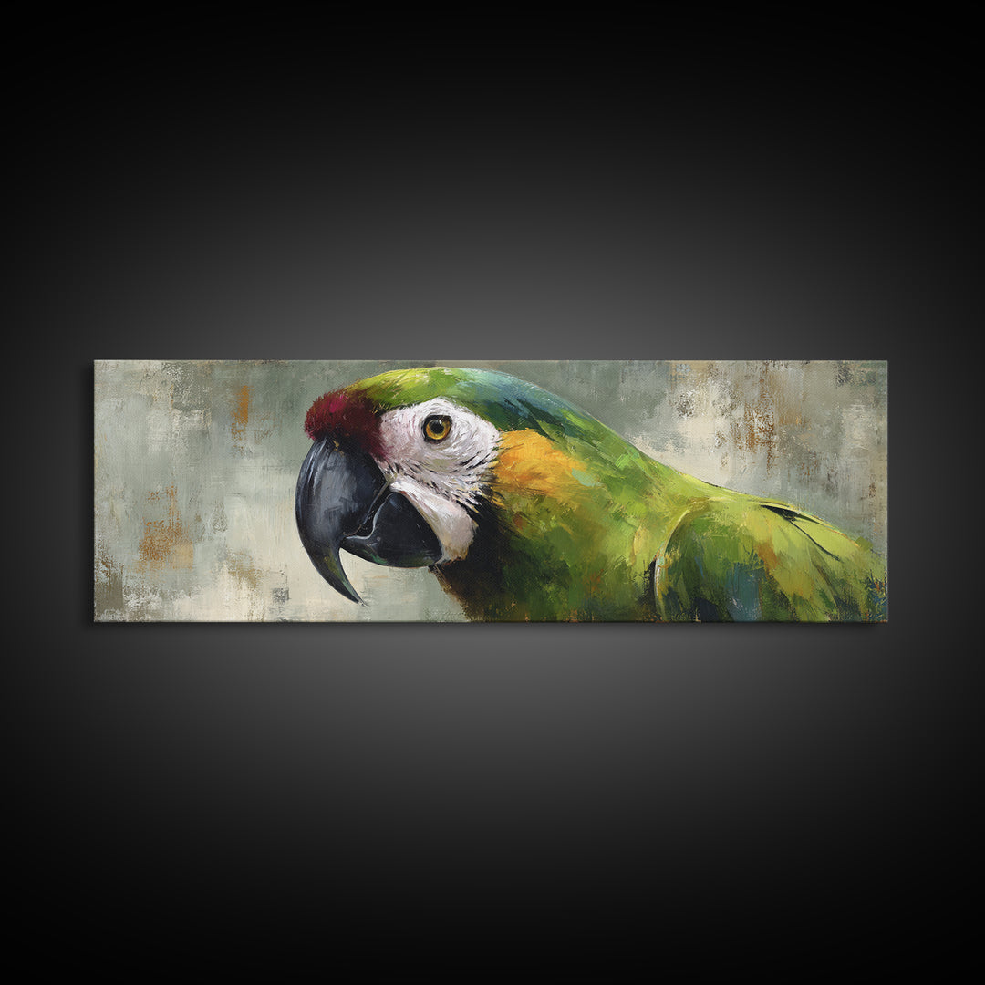 Parrot Portrait with Emerald Feathers Framed Canvas Print, Tropical Art, Wall Decor, Living Room Decor, Fine Art, Tropic, TRO-3x1-72