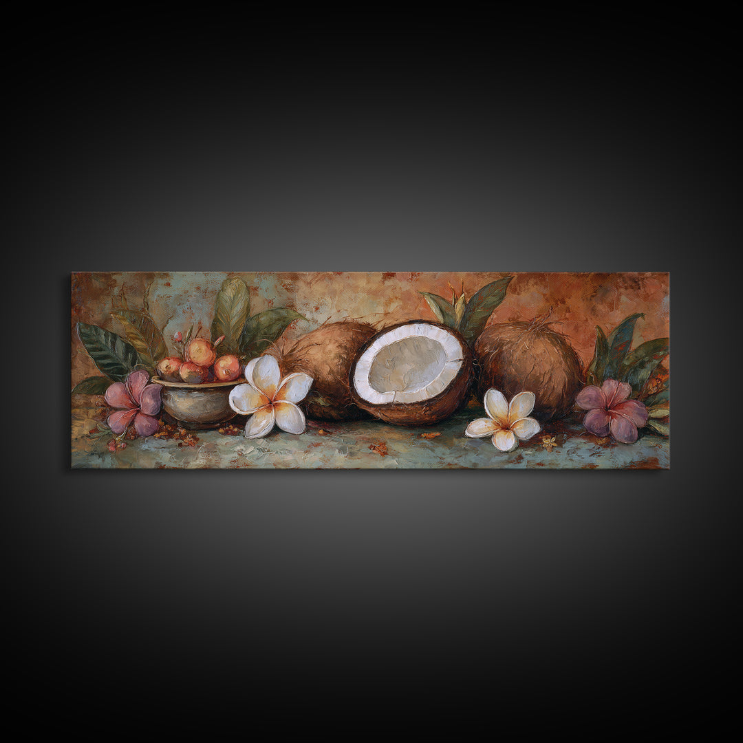 Coconut and Plumeria Still Life Canvas Print, Tropical Art, Decor, Living Room Decor, Tropic 276, Bird Art, Set of Prints, TRO-3x1-76