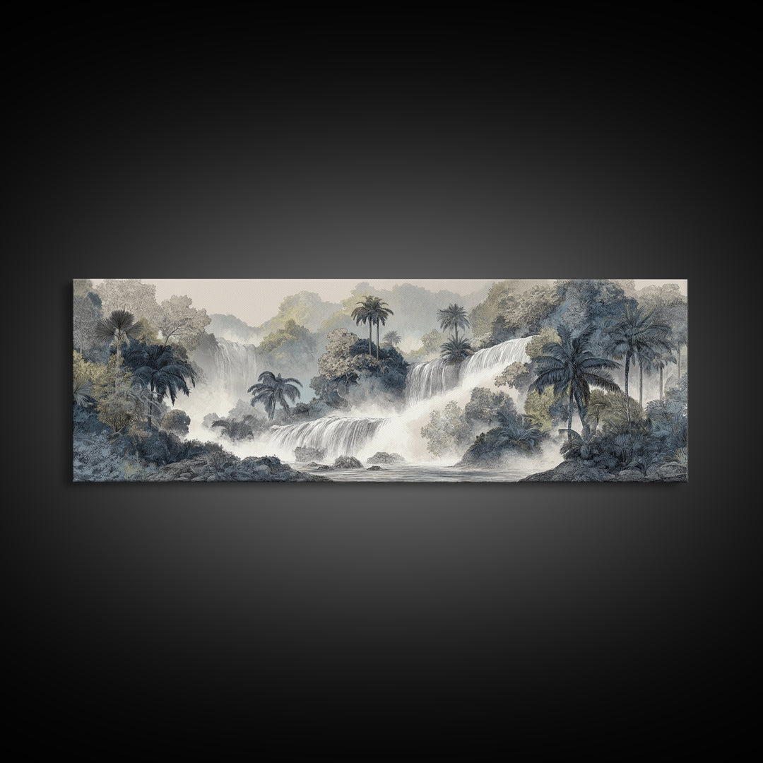 Jungle Waterfall with Misty Light Framed Canvas Print, Tropical Art, Gallery Wall Art, Living Room Decor, Fine Art, Tropic, TRO-3x1-77