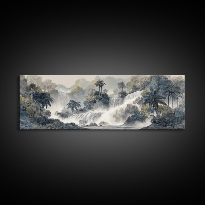 Jungle Waterfall with Misty Light Framed Canvas Print, Tropical Art, Gallery Wall Art, Living Room Decor, Fine Art, Tropic, TRO-3x1-77