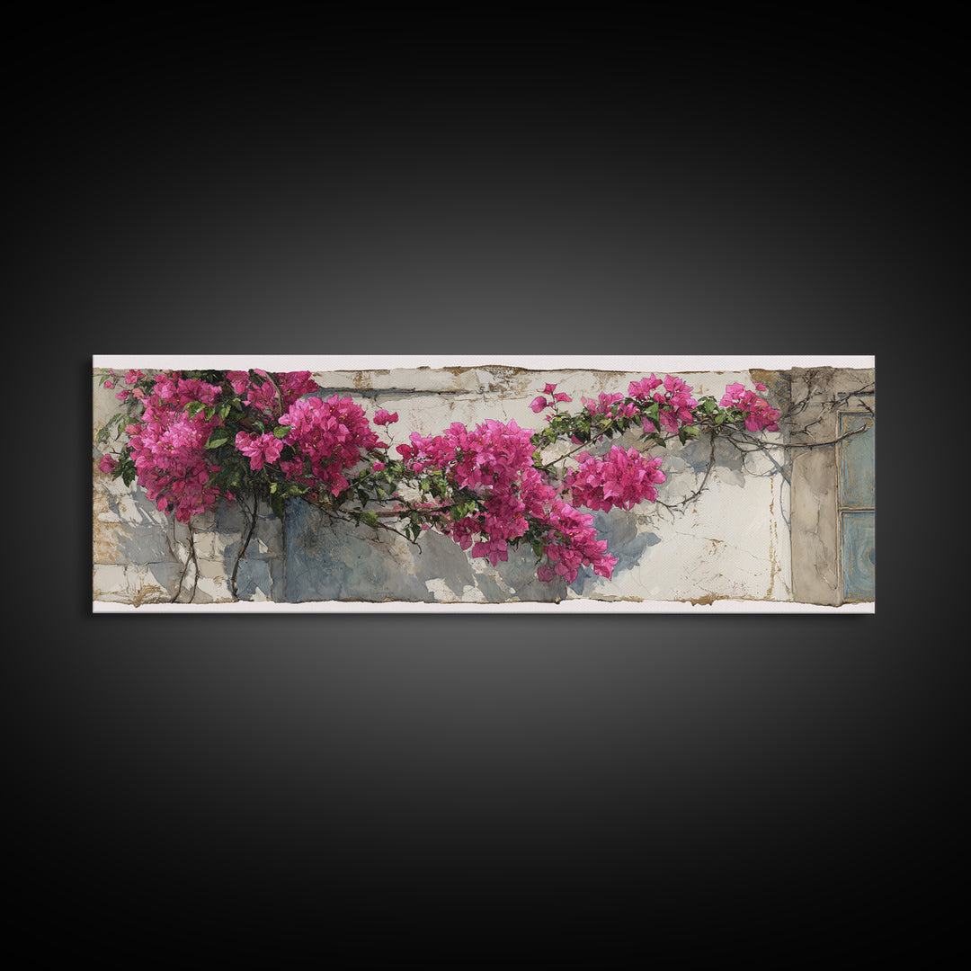 Pink Bougainvillea over White Wall Canvas Print, Tropical Art, Digital Prints, Living Room Decor, Tropic 280, Set of Prints, TRO-3x1-80