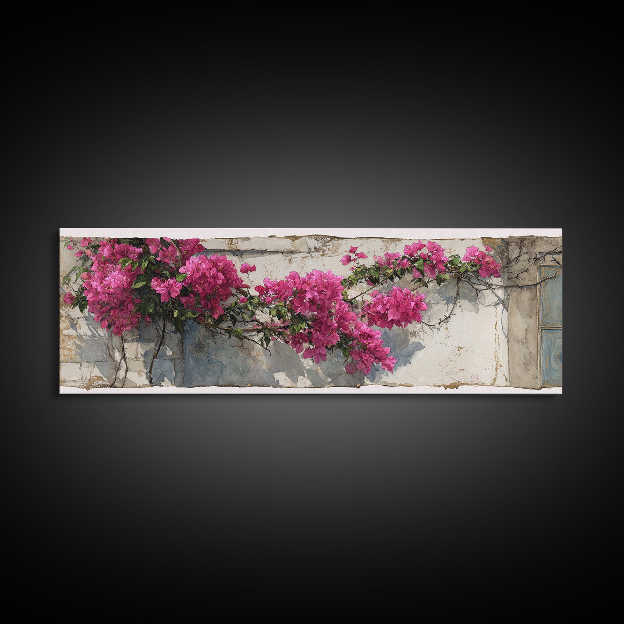 Pink Bougainvillea over White Wall Canvas Print, Tropical Art, Digital Prints, Living Room Decor, Tropic 280, Set of Prints, TRO-3x1-80