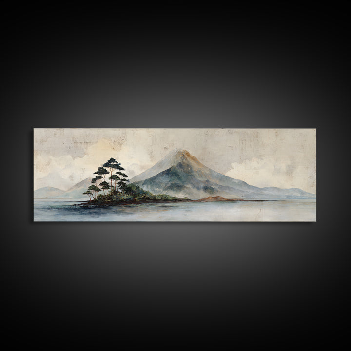 Island Volcano with Lush Foreground Framed Canvas Print, Tropical Art, Whimsical Art, Living Room Decor, Fine Art, Tropic, TRO-3x1-81