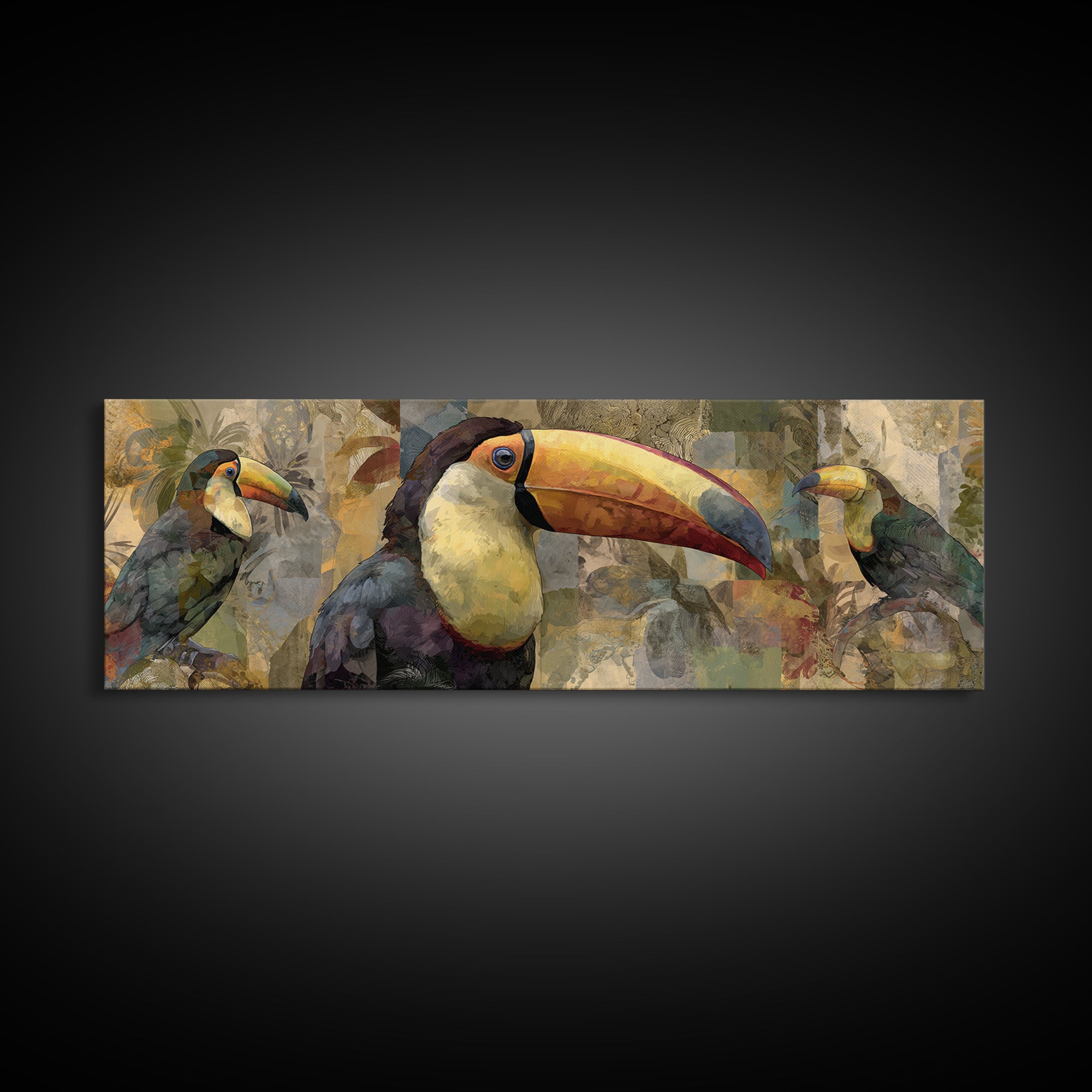 Colorful Jungle Bird Pattern Framed Canvas Print, Tropical Art, Print, Living Room Decor, Fine Art, Tropic, Coastal Wall Art, TRO-3x1-84