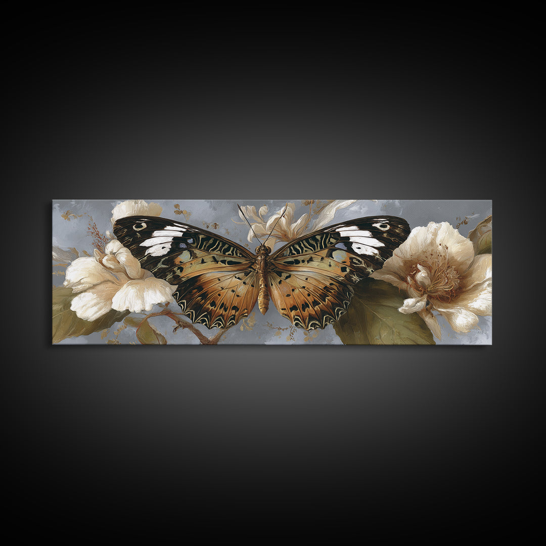 Tropical Butterfly and Flower Study Framed Canvas Print, Tropical Art, Digital Print, Living Room Decor, Fine Art, Tropic, TRO-3x1-87