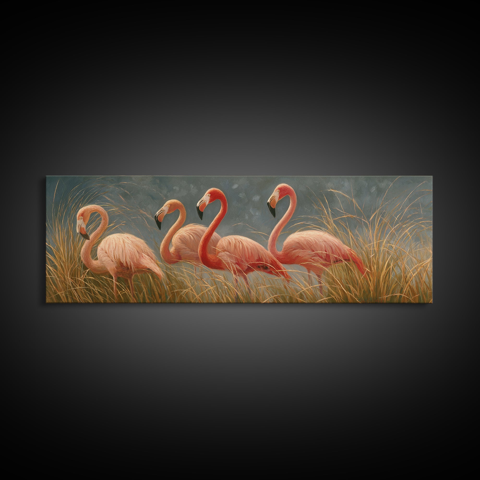 Pink Flamingos Among Tropical Water Plants Framed Canvas Print, Tropical Art, Coastal Art, Living Room Decor, Fine Art, Tropic, TRO-3x1-90