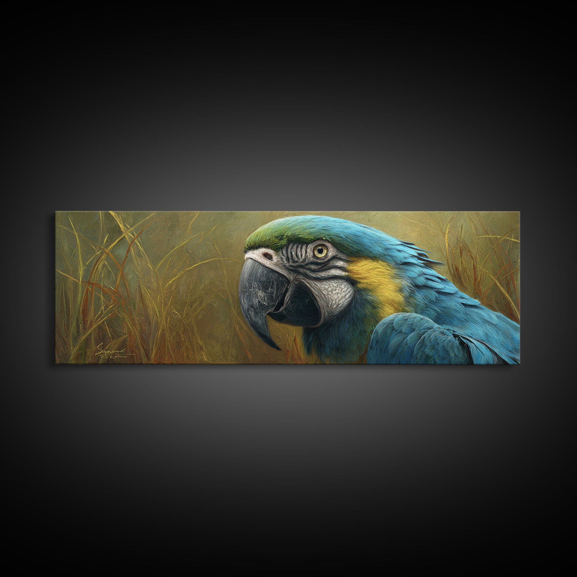 Parrot Portrait with Emerald Feathers Canvas Print, Tropical Art, Textured Painting, Living Room Decor, Fine Art, Tropic, TRO-3x1-96