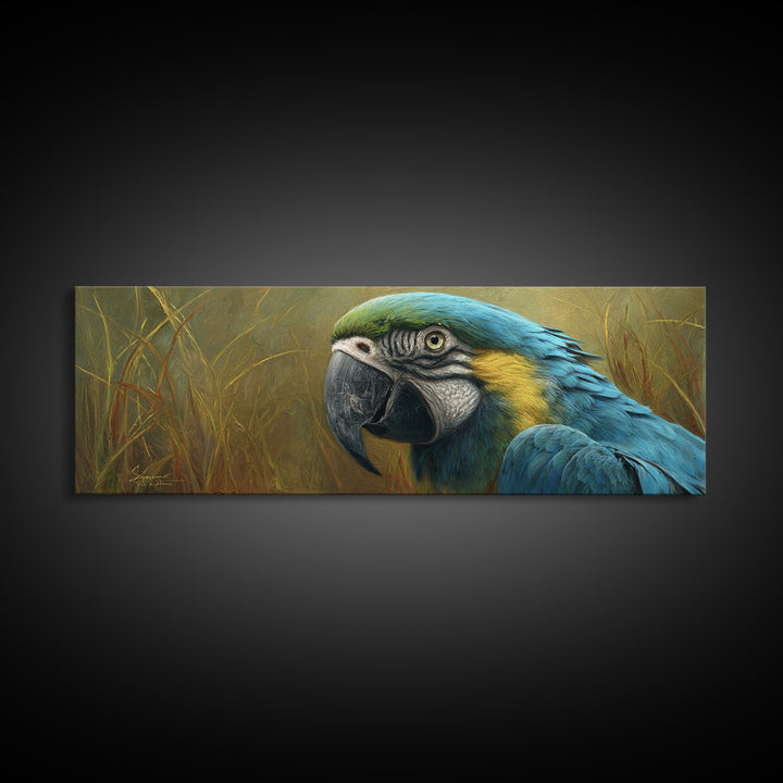 Parrot Portrait with Emerald Feathers Canvas Print, Tropical Art, Textured Painting, Living Room Decor, Fine Art, Tropic, TRO-3x1-96
