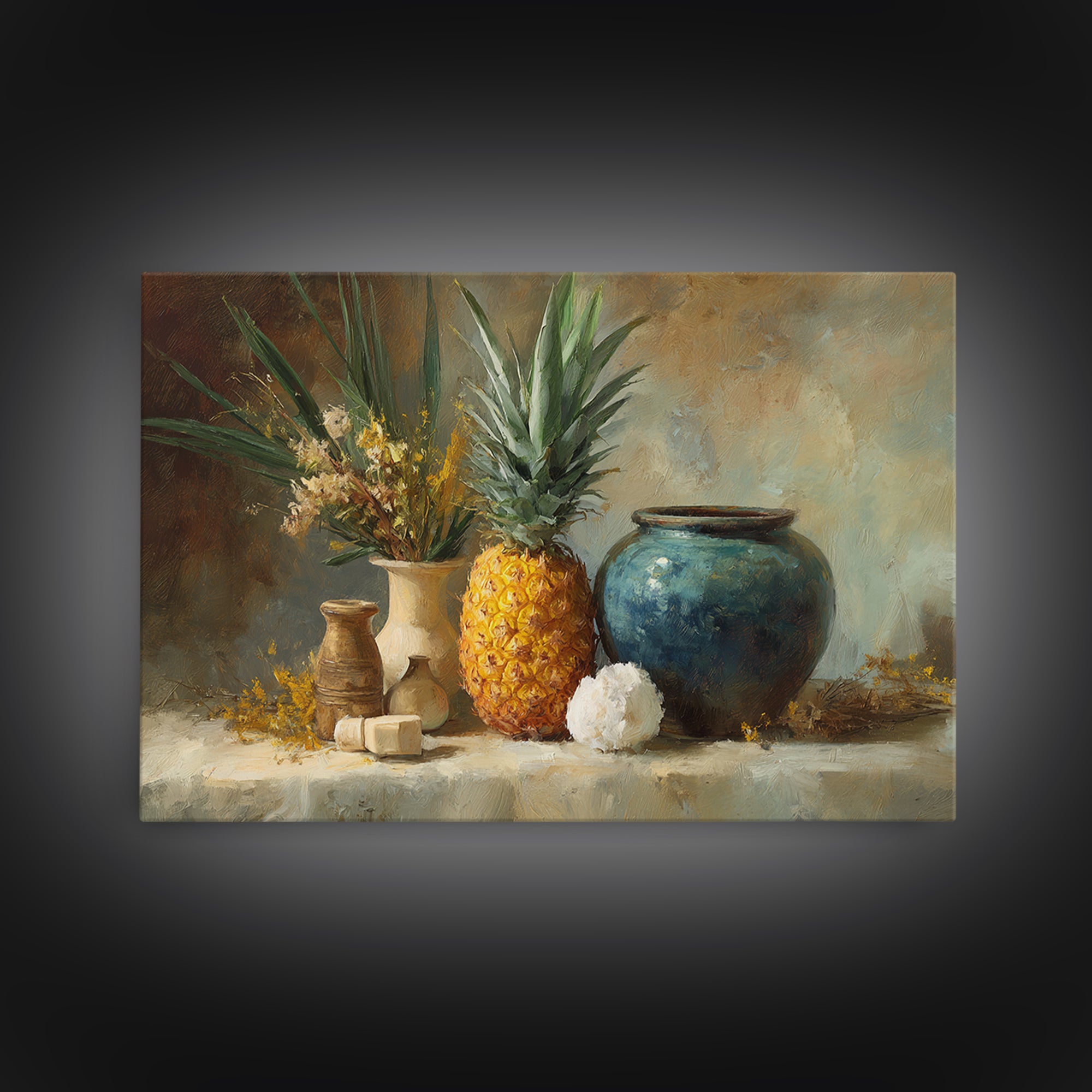 Pineapple and Palm Still Life Framed Canvas Print, Tropical Art, Coastal Wall Art, Living Room Decor, Fine Art, Tropic, TRO-3x2-10