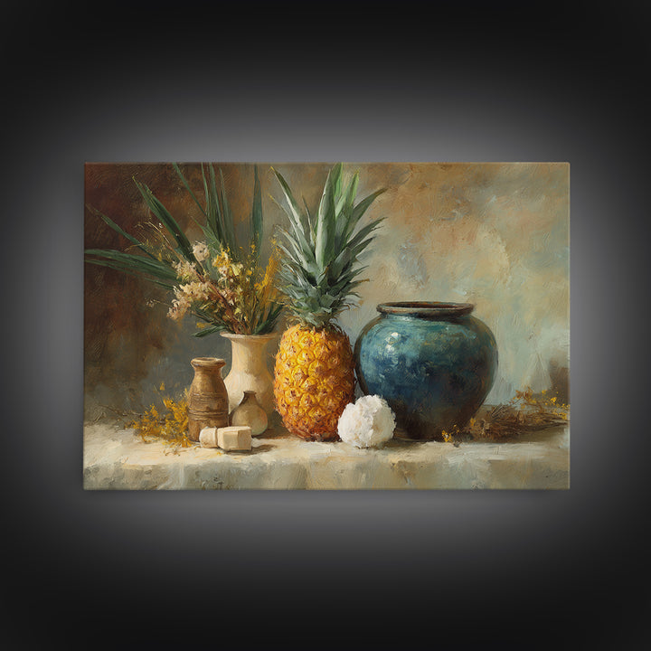 Pineapple and Palm Still Life Framed Canvas Print, Tropical Art, Coastal Wall Art, Living Room Decor, Fine Art, Tropic, TRO-3x2-10