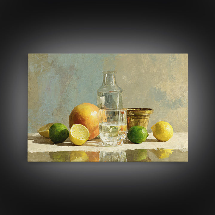 Bright Papaya and Lime Still Life Framed Canvas Print, Tropical Art, Wall Art, Living Room Decor, Oil Painting, Tropic, TRO-3x2-100