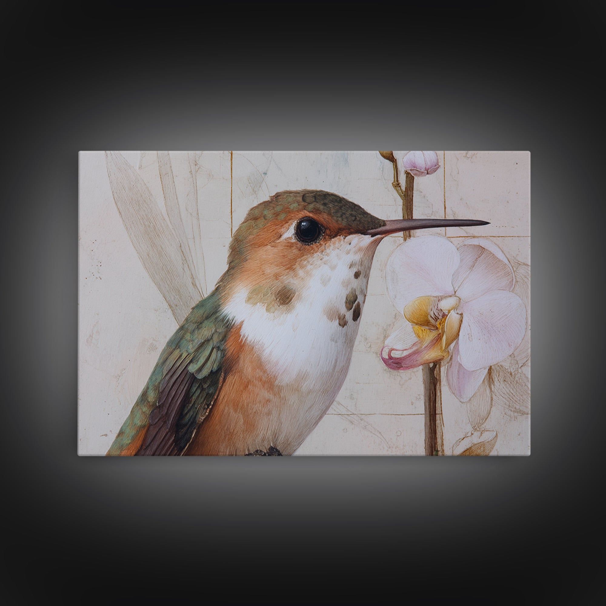 Orchid and Hummingbird Composition Framed Canvas Print, Tropical Art, Pink Wall Art, Living Room Decor, Fine Art, Tropic, TRO-3x2-14