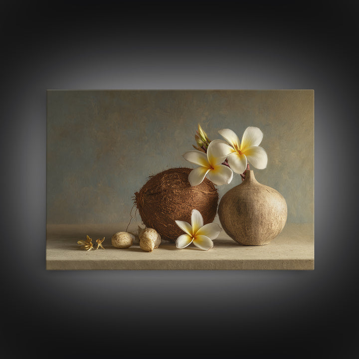 Coconut and Plumeria Still Life Canvas Print, Tropical Art, Downloadable Prints, Living Room Decor, Watercolor Art, Tropic, TRO-3x2-16