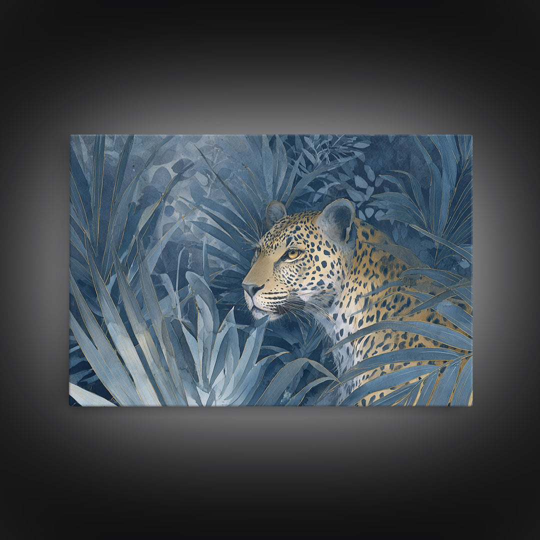 Leopard Hidden Among Palm Leaves Framed Canvas Print, Tropical Art, Oversized Wall Art, Living Room Decor, Fine Art, Tropic, TRO-3x2-18